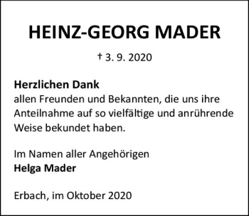 Traueranzeige von Heinz-Georg Mader von vrm-trauer