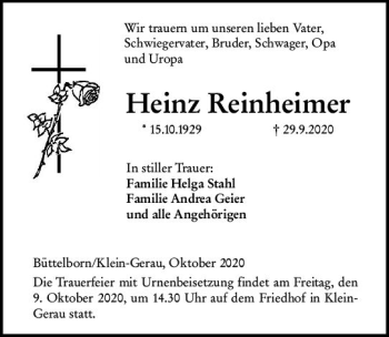 Traueranzeige von Heinz Reinheimer von vrm-trauer