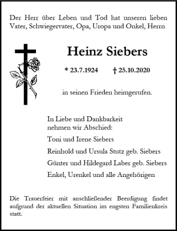 Traueranzeige von Heinz Siebers von vrm-trauer