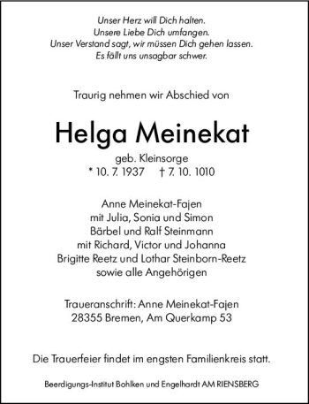 Traueranzeige von Helga Meinekat von vrm-trauer