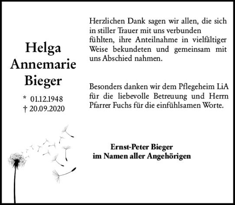  Traueranzeige für Helga Annemarie Bieger vom 10.10.2020 aus vrm-trauer
