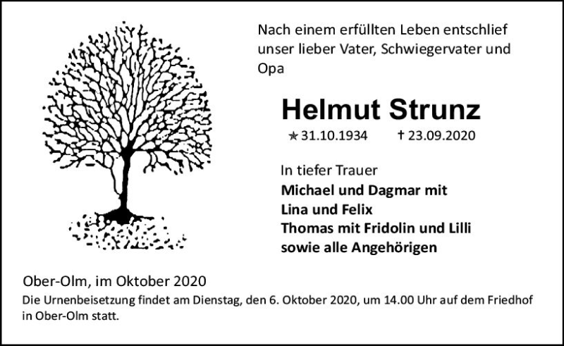  Traueranzeige für Helmut Strunz vom 02.10.2020 aus vrm-trauer