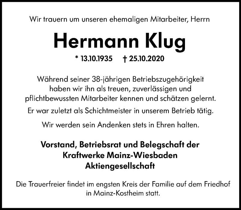  Traueranzeige für Hermann Klug vom 31.10.2020 aus vrm-trauer