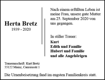 Traueranzeige von Herta Bretz von vrm-trauer