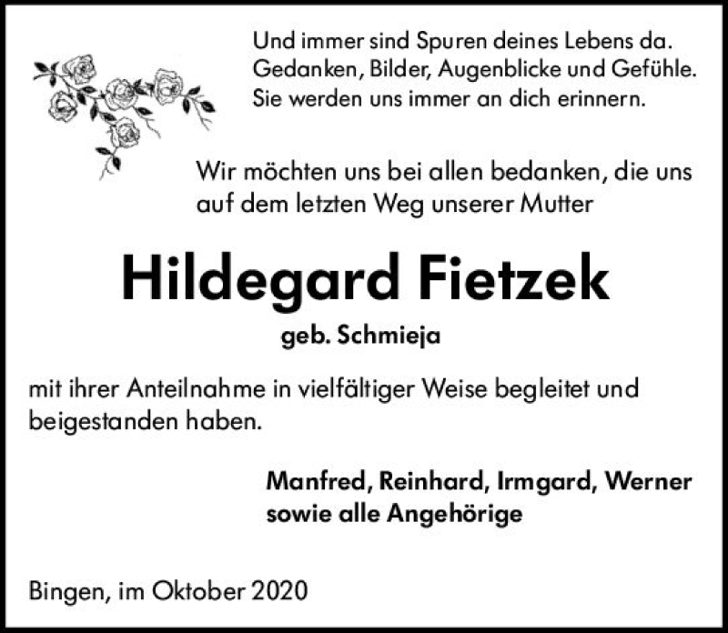  Traueranzeige für Hildegard Fietzek vom 24.10.2020 aus vrm-trauer