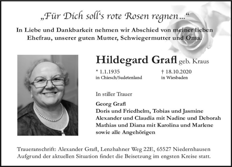  Traueranzeige für Hildegard Grafl vom 24.10.2020 aus vrm-trauer
