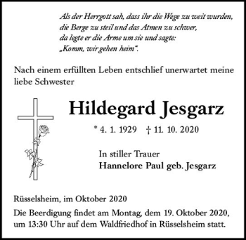 Traueranzeige von Hildegard Jesgarz von vrm-trauer