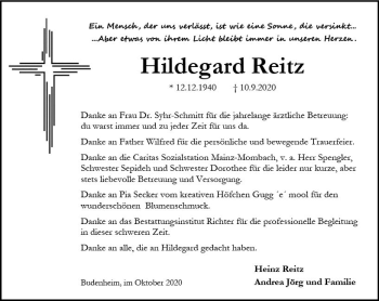 Traueranzeige von Hildegard Reitz von vrm-trauer