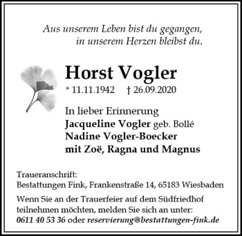 Traueranzeige von Horst Vogler von vrm-trauer
