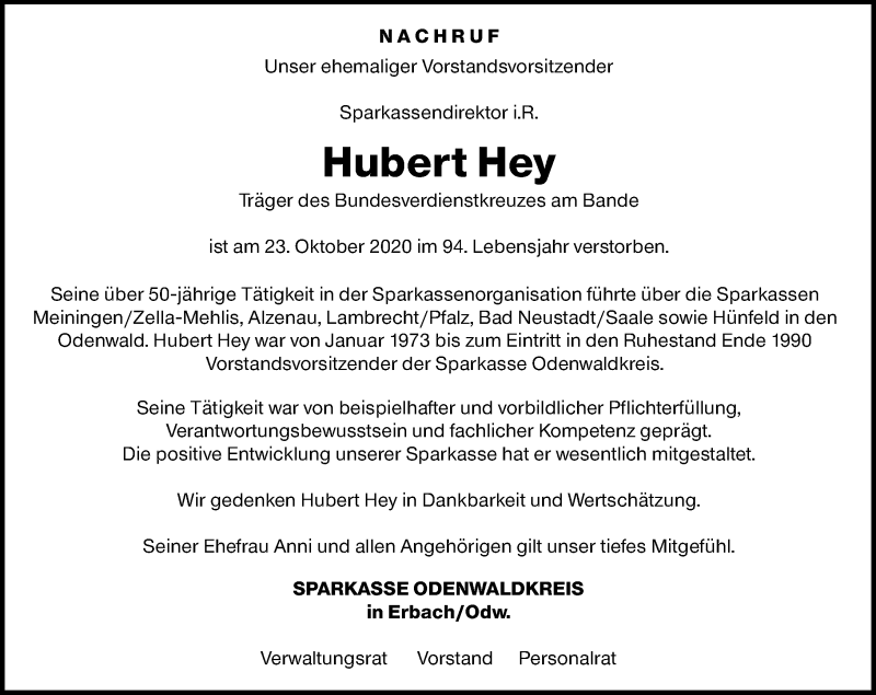  Traueranzeige für Hubert Hey vom 31.10.2020 aus vrm-trauer
