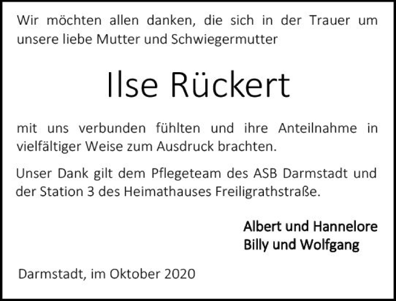  Traueranzeige für Ilse Rückert vom 10.10.2020 aus vrm-trauer