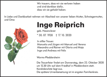 Traueranzeige von Inge Reiprich von vrm-trauer