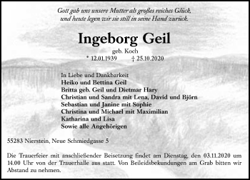 Traueranzeige von Ingeborg Geil von vrm-trauer