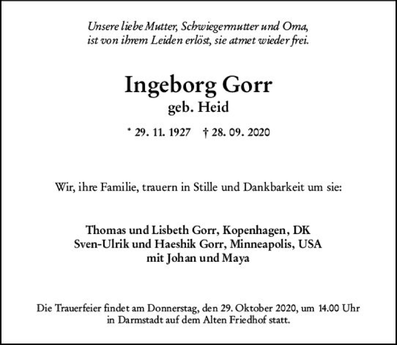  Traueranzeige für Ingeborg Gorr vom 24.10.2020 aus vrm-trauer