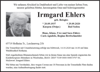 Traueranzeige von Irmgard Ehlers von vrm-trauer