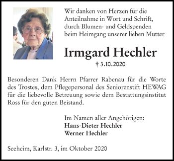 Traueranzeige von Irmgard Hechler von vrm-trauer