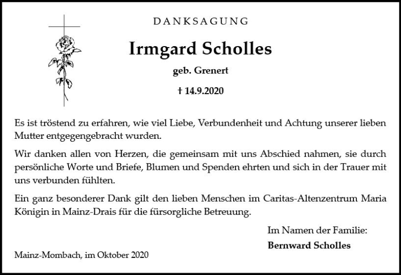  Traueranzeige für Irmgard Scholles vom 10.10.2020 aus vrm-trauer