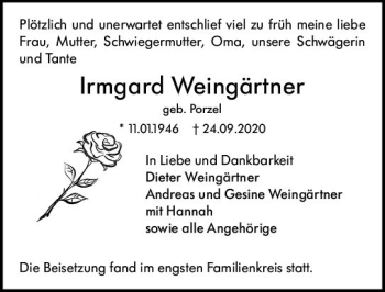 Traueranzeige von Irmgard Weingärtner von vrm-trauer