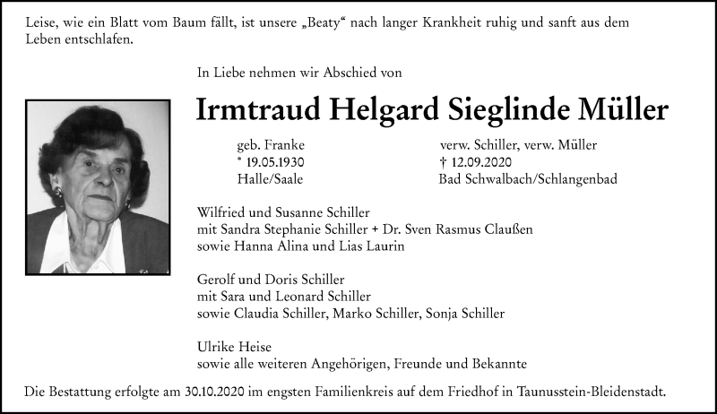  Traueranzeige für Irmtraud Helgard Sieglinde Müller vom 31.10.2020 aus vrm-trauer