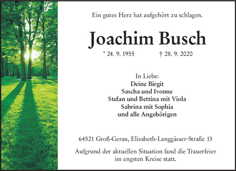  Traueranzeige für Joachim Busch vom 10.10.2020 aus vrm-trauer