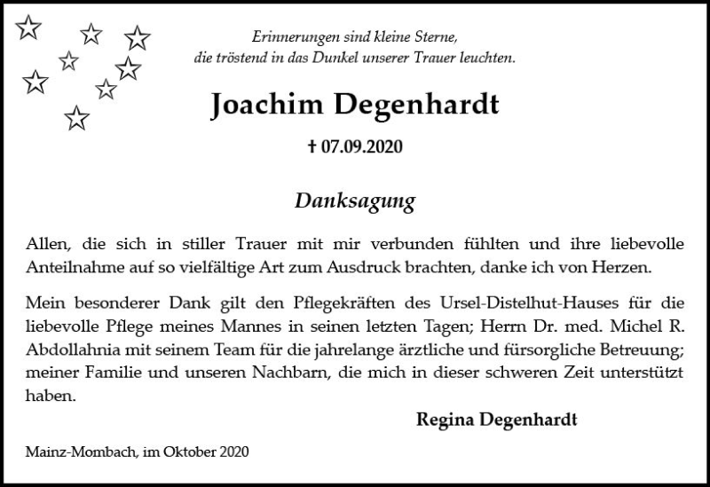  Traueranzeige für Joachim Degenhardt vom 24.10.2020 aus vrm-trauer