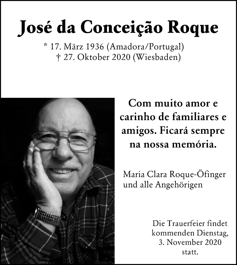  Traueranzeige für Jose da Conceicao Roque vom 31.10.2020 aus vrm-trauer