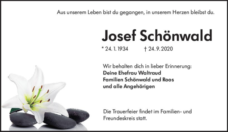  Traueranzeige für Josef Schönwald vom 10.10.2020 aus vrm-trauer