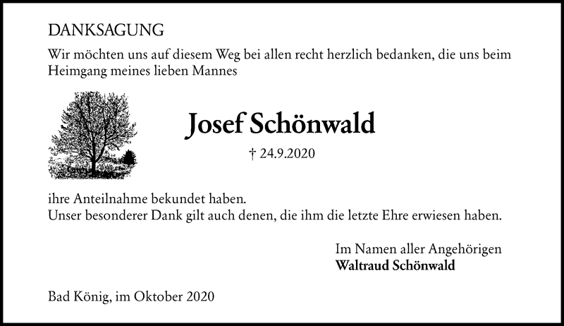  Traueranzeige für Josef Schönwald vom 31.10.2020 aus vrm-trauer