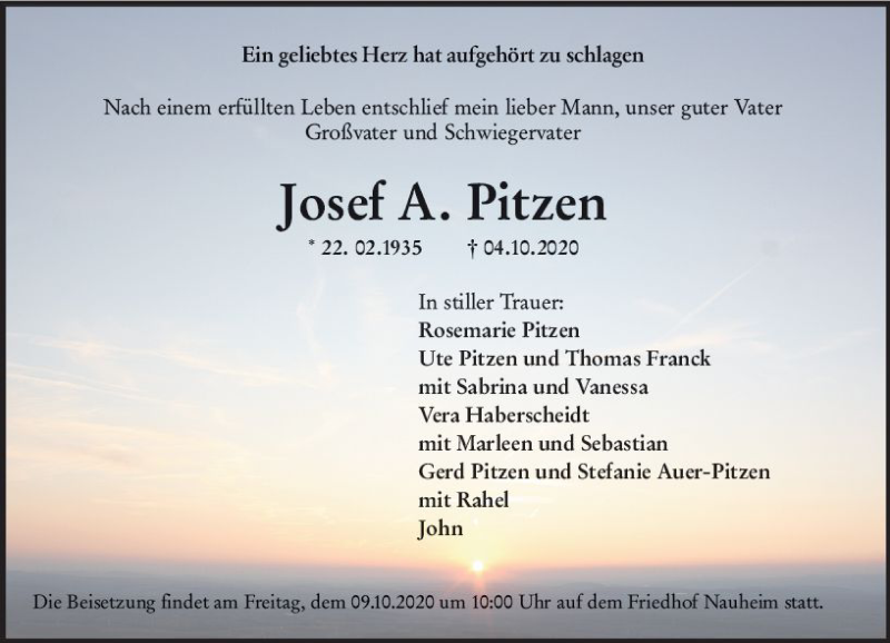  Traueranzeige für Josef A. Pitzen vom 07.10.2020 aus vrm-trauer