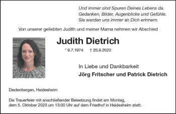 Traueranzeige von Judith Dietrich von vrm-trauer