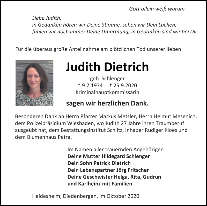  Traueranzeige für Judith Dietrich vom 31.10.2020 aus vrm-trauer