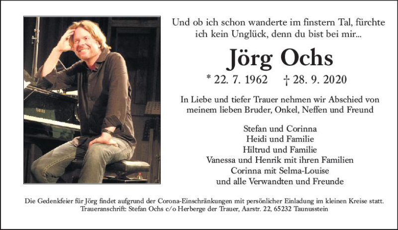  Traueranzeige für Jörg Ochs vom 10.10.2020 aus vrm-trauer