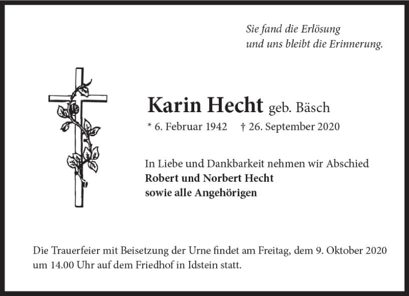  Traueranzeige für Karin Hecht vom 02.10.2020 aus vrm-trauer