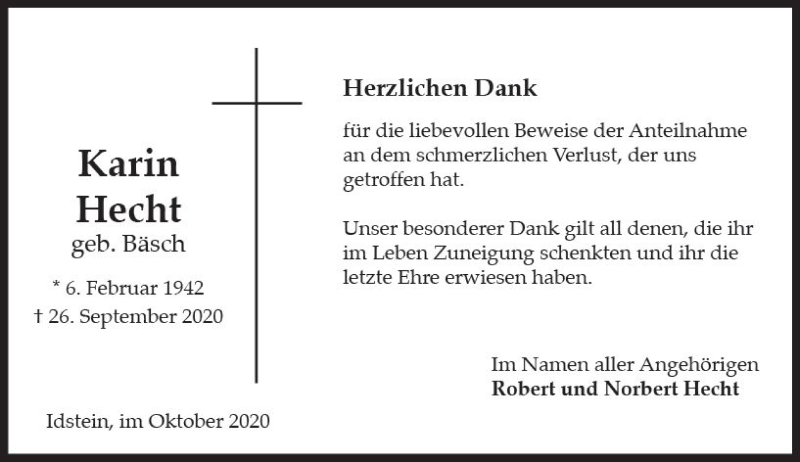  Traueranzeige für Karin Hecht vom 24.10.2020 aus vrm-trauer