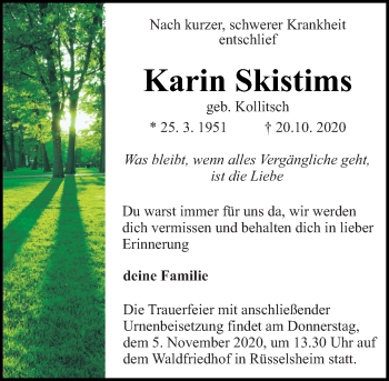 Traueranzeige von Karin Skistims von vrm-trauer