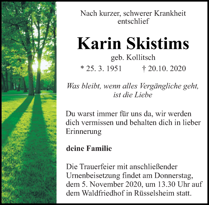  Traueranzeige für Karin Skistims vom 31.10.2020 aus vrm-trauer