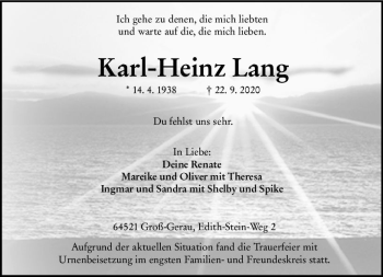 Traueranzeige von Karl-Heinz Lang von vrm-trauer