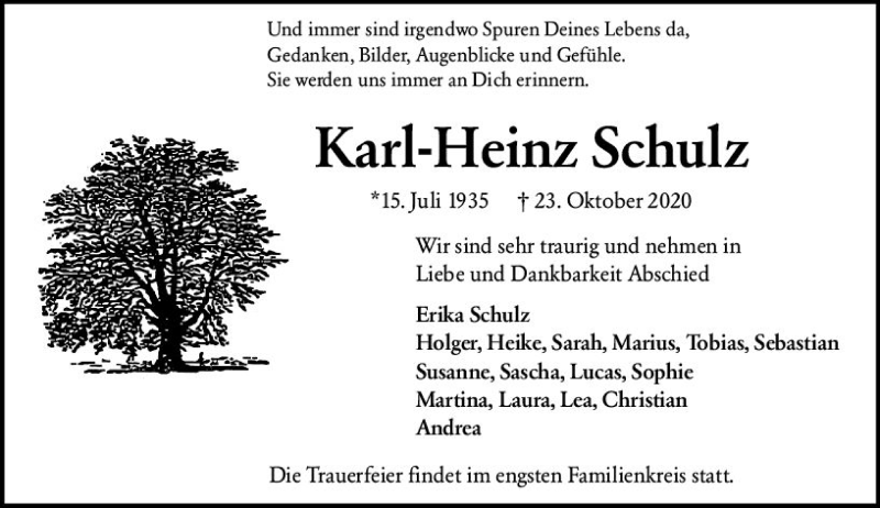  Traueranzeige für Karl-Heinz Schulz vom 28.10.2020 aus vrm-trauer