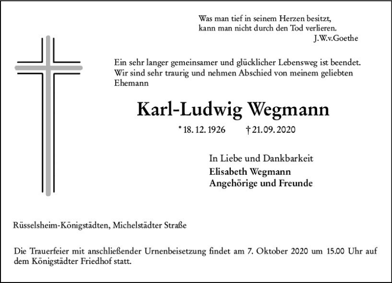  Traueranzeige für Karl-Ludwig Wegmann vom 01.10.2020 aus vrm-trauer