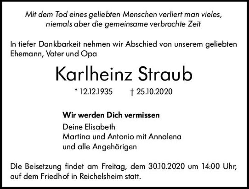  Traueranzeige für Karlheinz Straub vom 28.10.2020 aus vrm-trauer