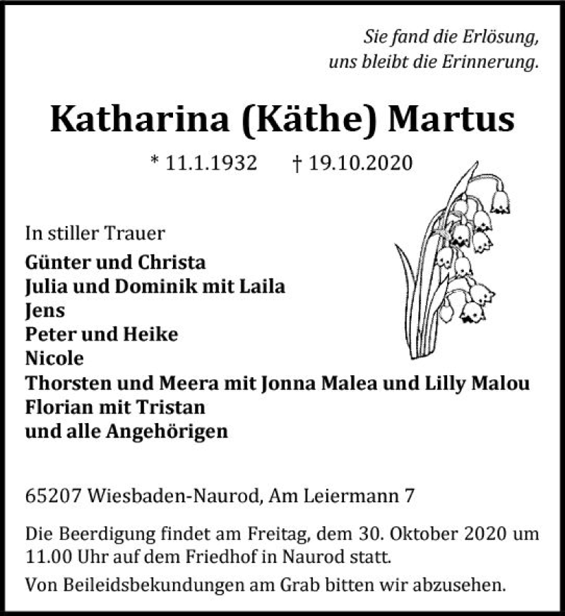  Traueranzeige für Katharina  Martus vom 24.10.2020 aus vrm-trauer