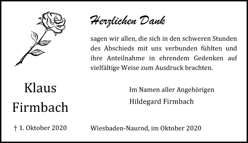  Traueranzeige für Klaus Firmbach vom 31.10.2020 aus vrm-trauer