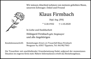 Traueranzeige von Klaus Firmbach von vrm-trauer
