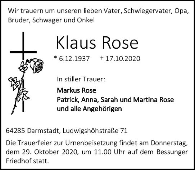  Traueranzeige für Klaus Rose vom 24.10.2020 aus vrm-trauer
