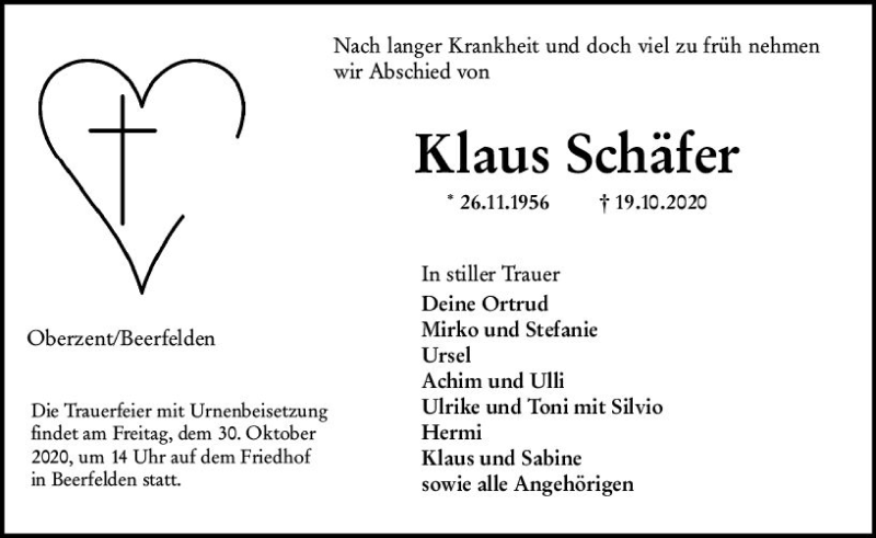  Traueranzeige für Klaus Schäfer vom 24.10.2020 aus vrm-trauer