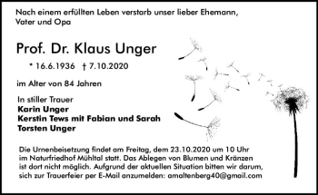 Traueranzeige von Klaus Unger von vrm-trauer