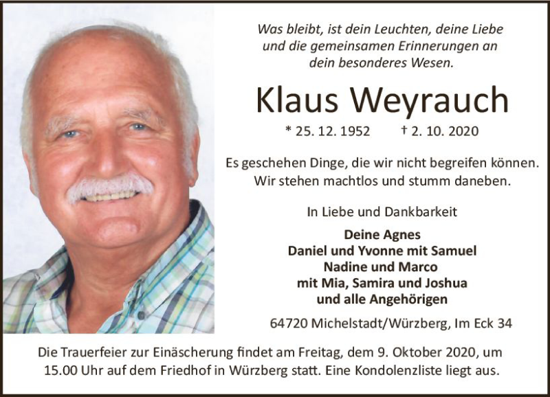  Traueranzeige für Klaus Weyrauch vom 07.10.2020 aus vrm-trauer