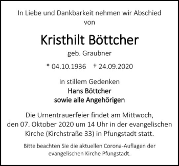 Traueranzeige von Kristhilt Böttcher von vrm-trauer