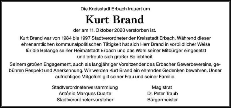  Traueranzeige für Kurt Brand vom 17.10.2020 aus vrm-trauer