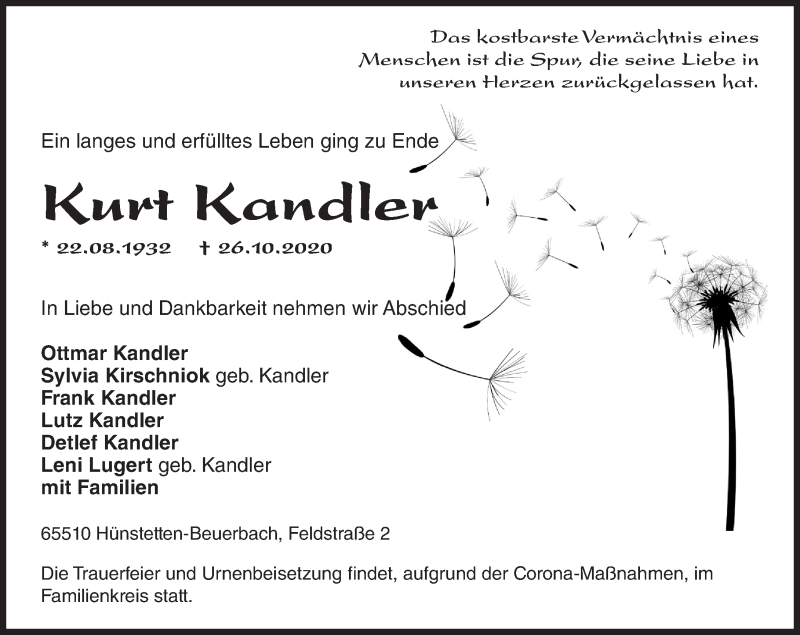  Traueranzeige für Kurt Kandler vom 31.10.2020 aus vrm-trauer